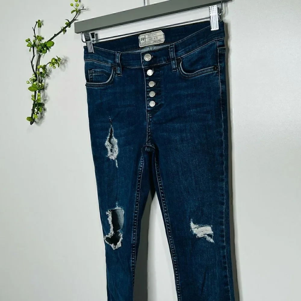 Free People Button Fly Raw Edge Hem Distressed Jeans